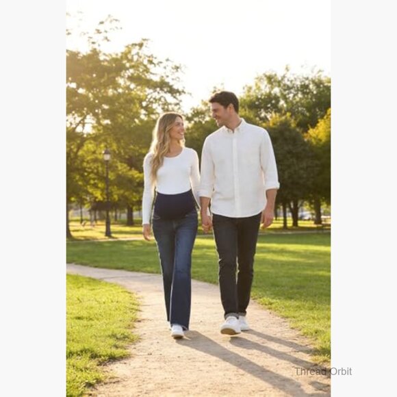 Maternity Flare Jeans Over Belly Panel Comfy Pregnancy Denim Pants - Picture 5 of 7